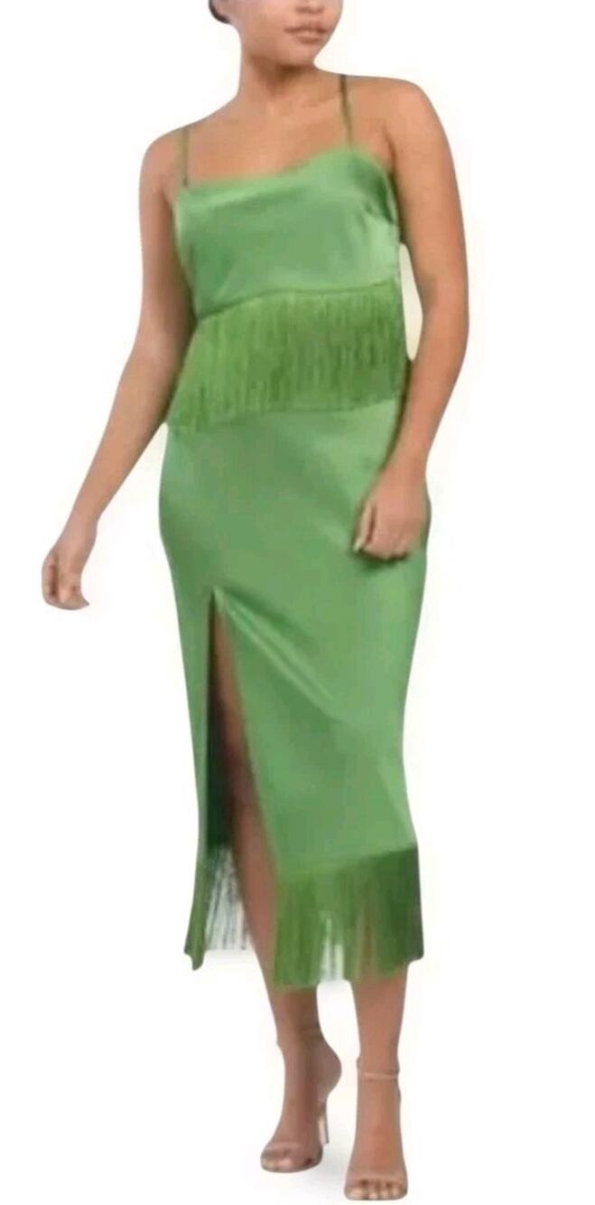House of Harlow 1960 Green Satin Fringe Hem Cropped Cami & Skirt Set Small S